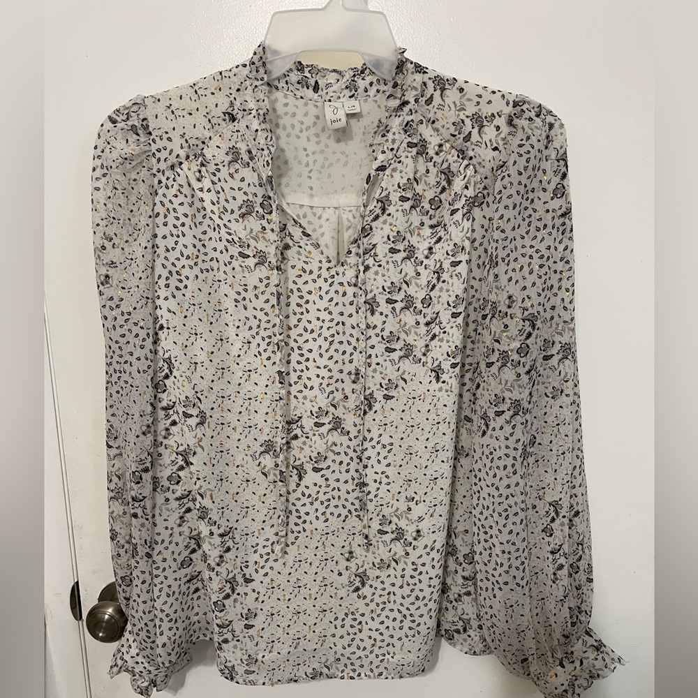 Joie long sleeve floral metallic print lined chiffon blouse tie ruffled neck LG